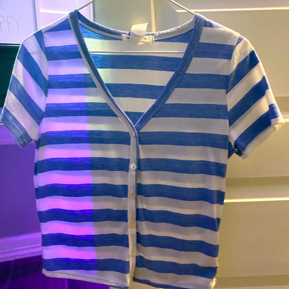 Blue and white striped v-neck shirt